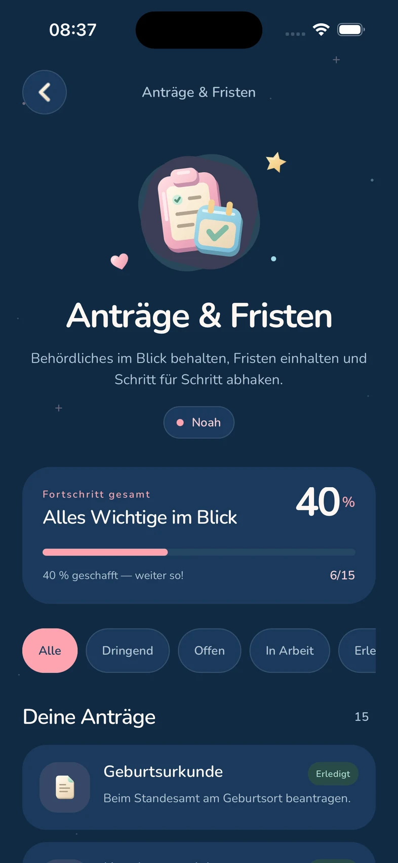 Anträge und Fristen mit Fortschrittsanzeige und Checkliste für die Geburtsurkunde